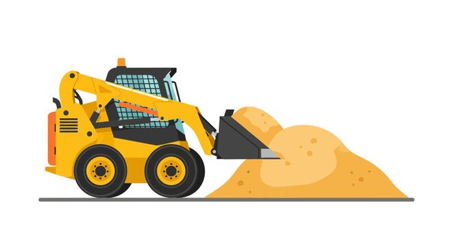 Yellow Skid Steer Loader Moving Sand Vector Illustration Isolated on White Background
