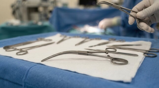Orthopedic knee replacement components on sterile tray for arthroplasty surgery preparation in implant laid out