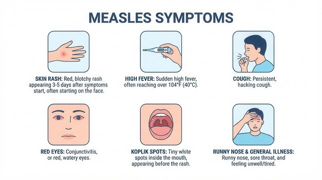 Measles Symptoms Infographic: Fever, Rash, Complications, Vaccination Awareness for Pediatric Healthcare and medical infographic illustrating viral infection signs