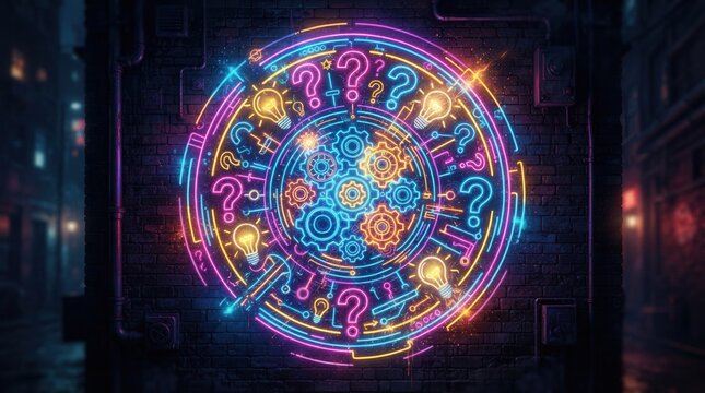 Neon question marks and idea symbols set the fun vibe for pub Trivia night quiz game background