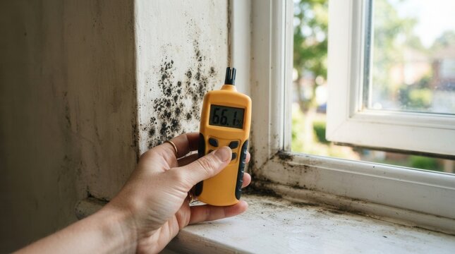 Man Using Digital Moisture Meter and Water Leak Detector for Mold Detection Person