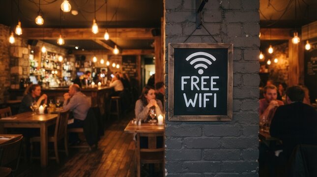 Modern restaurant entrance features free wifi sign, enhancing digital connectivity and customer sign displayed at