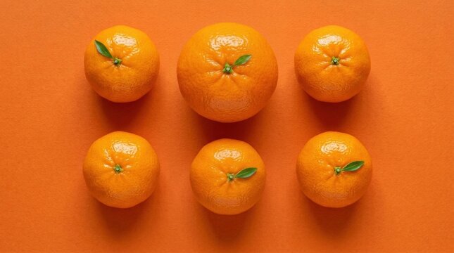 Peeled tangerines neatly arranged in top-down view on vibrant orange backdrop