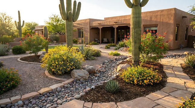 Beautiful desert home with saguaro cacti and stone landscaping in the arizona sun. arizona yard