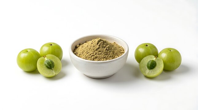 Fresh amla fruit and amla powder in a small white bowl for healthy organic nutrition. amla powder