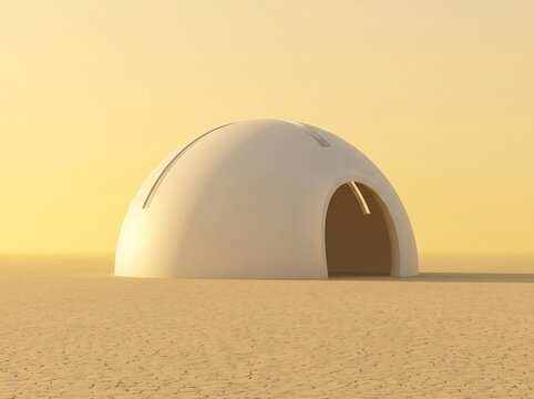 White dome igloo abstract sculpture on desert sand warm yellow background