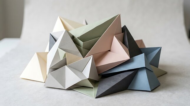 Geometric origami sculpture with pastel colored paper against a soft neutral background with subtle lighting