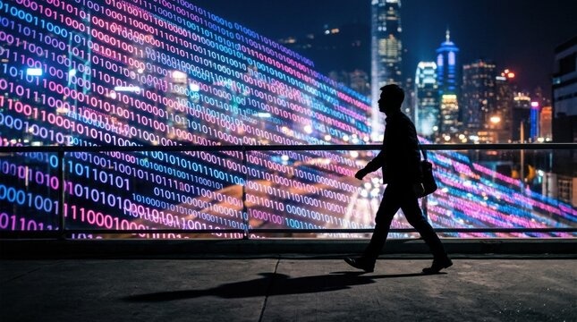 Digital tunnel with silhouettes of people walking, binary code, glowing pink and walking