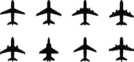 Fototapeta premium A collection of black airplane silhouettes showing various commercial and military aircraft designs on a white background