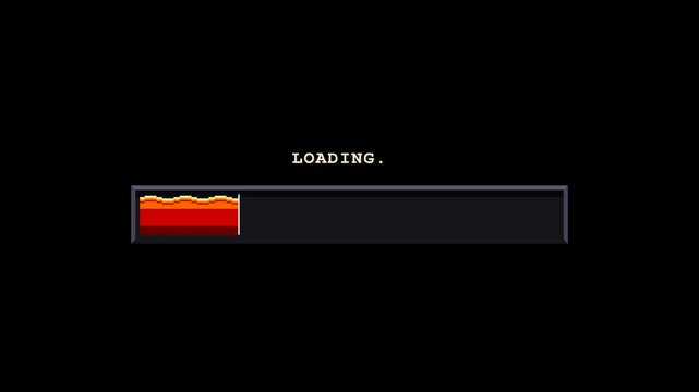 Retro pixel art fantasy lava loading bar animation. Molten volcanic liquid naturally flows and fills a carved stone container, complete with bubbling heat physics and glowing embers. Alpha transparent
