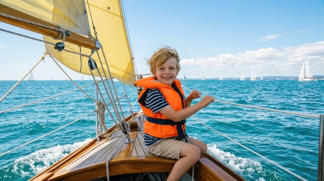 Teenage Boy Enjoying Healthy Water Sport on Yacht During Ocean Vacation sailing sea