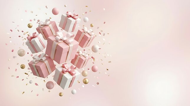 Festive composition of floating gift boxes with ribbons and decorative confetti on a soft pastel pink background with copy space for holiday design