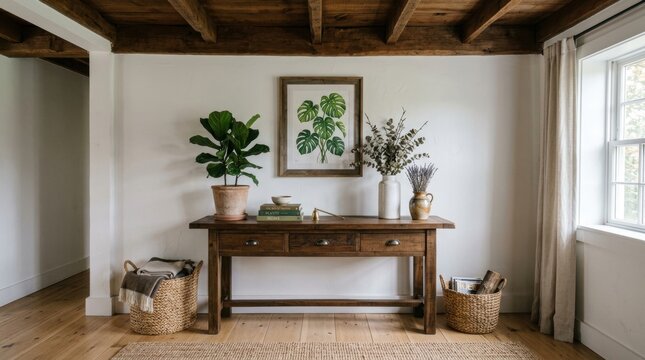 Minimalistic Boho Entryway Decor with Wooden Frame Art, Wicker Baskets, and Natural Minimal
