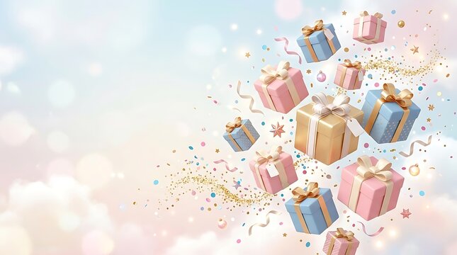 Festive background featuring a collection of colorful gift boxes floating against a soft pastel gradient with bokeh light effects for holiday celebrations