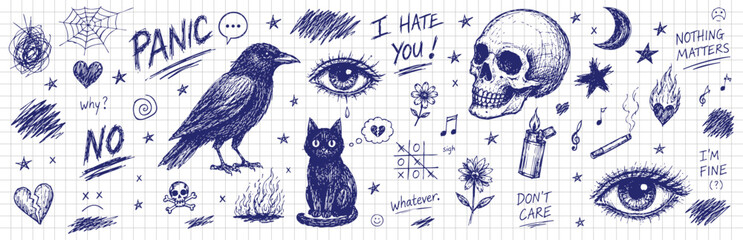 Obraz premium Blue vintage sketch doodle collection with mystical symbols and hand drawn illustrations. Artistic notebook sketches, fantasy icons and creative vector elements.