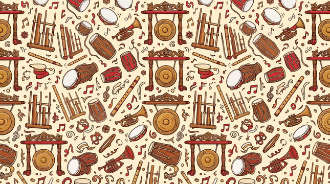 A dense, intricate seamless pattern of traditional Indonesian musical instruments on a warm light cream background, clean line art vector style. Features small detailed objects: mini bamboo angklung, 