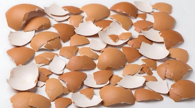Scattered brown eggshell pieces on white background.