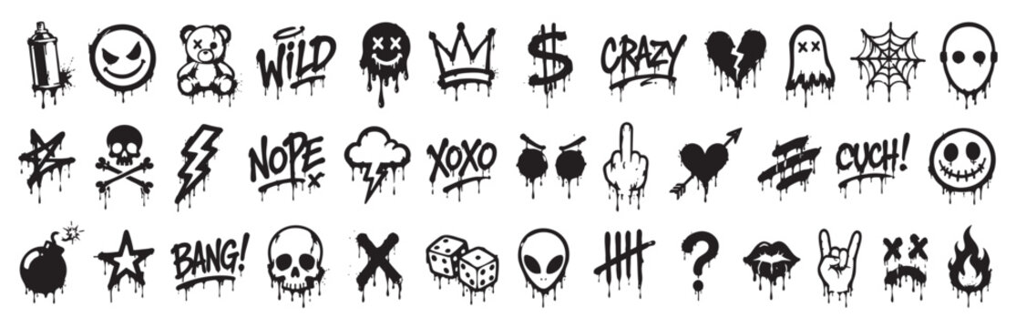 Mini graffiti symbol and doodle collection with hand drawn icons. Urban sketch elements, arrows, stars, smiley faces and street art vector set.