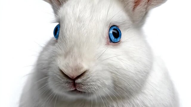 White rabbit with bright blue eyes on white background.