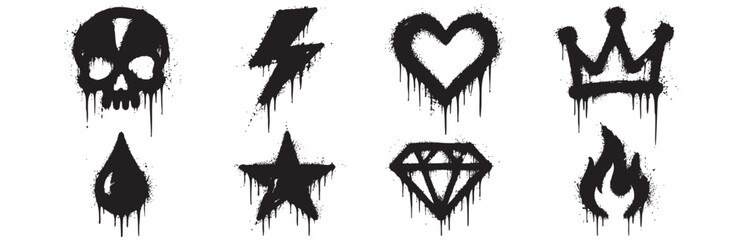Black spray paint stencil icon collection with skull, lightning, heart, crown and flame. Urban graffiti symbols for street art and graphic design. © Zbrake Studio