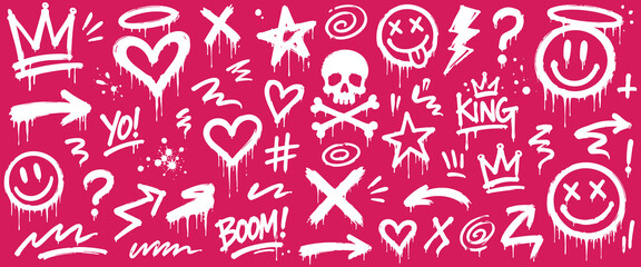 White graffiti doodle collection on pink background. Urban sketch symbols, hearts, stars, arrows and hand drawn street art vector elements. © Zbrake Studio
