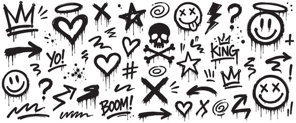 Hand drawn graffiti doodles and street art symbol collection. Sketch hearts, crowns, smiley faces, arrows and urban marker vector elements. © Zbrake Studio