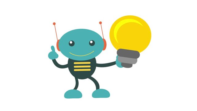 Cute Robot Holding Light Bulb Idea Animated Flat Cartoon Motion Graphic