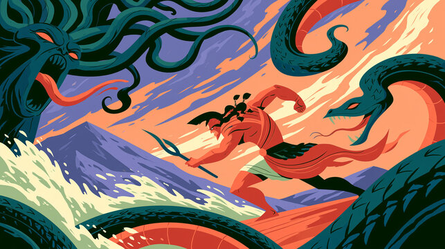 Dramatic mythological illustration of the formidable Gorgon Medusa, with her iconic snake hair, menacingly pursuing a brave heroic figure across crashing waves and rugged mountains,