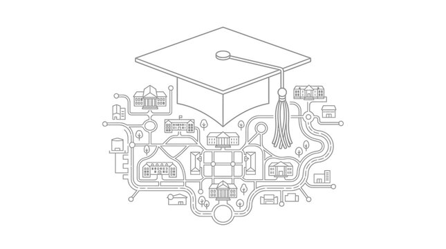 Minimalist line art illustration of a graduation mortarboard cap positioned over a detailed university campus map layout for academic success.