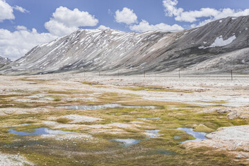 Clear-water rivers and lakes in a mountain valley, pastures and green grassy fields set against mountain ranges and snow-capped, glacier-clad peaks—a scenic landscape background © Denis