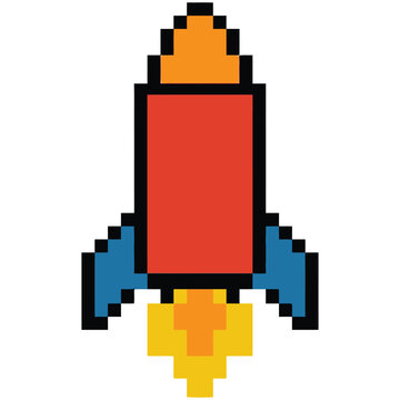 Pixel art rocket ship launching with blastoff exploration isolated digitized