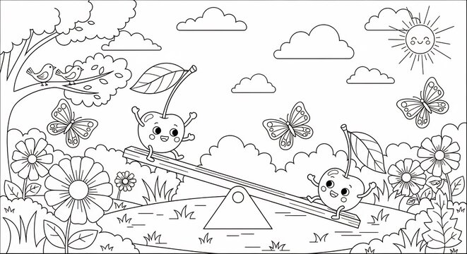 Happy cartoon cherries playing on a seesaw in a sunny garden coloring page design