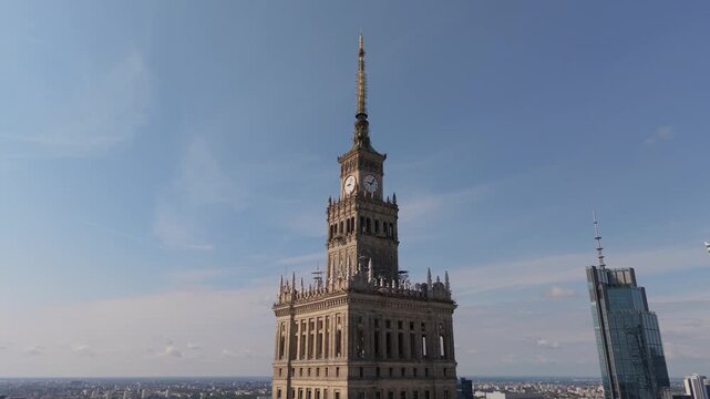 Cinematic Aerial Orbit Around the Palace of Culture and Science in Warsaw