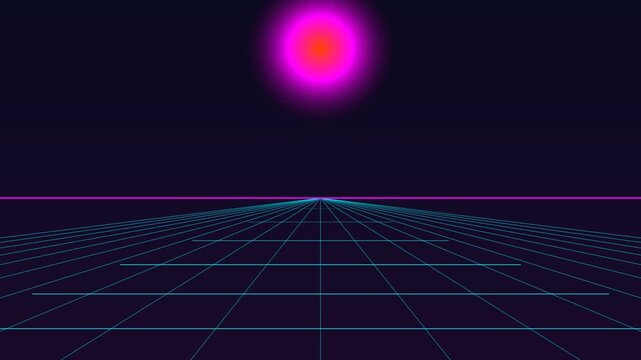 Retro Synthwave Digital Landscape with Glowing Neon Sun and Perspective Grid.