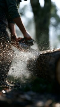Lumberjack using chainsaw to cut tree in forest setting