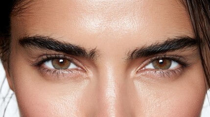 Fototapeta premium Close-Up of Woman's Eyes with Natural Thick Eyebrows on a Bright Background