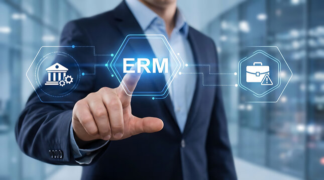 Businessman Touching Enterprise Risk Management (ERM) Interface for Business Compliance, Risk Assessment, Corporate Governance and Financial Security