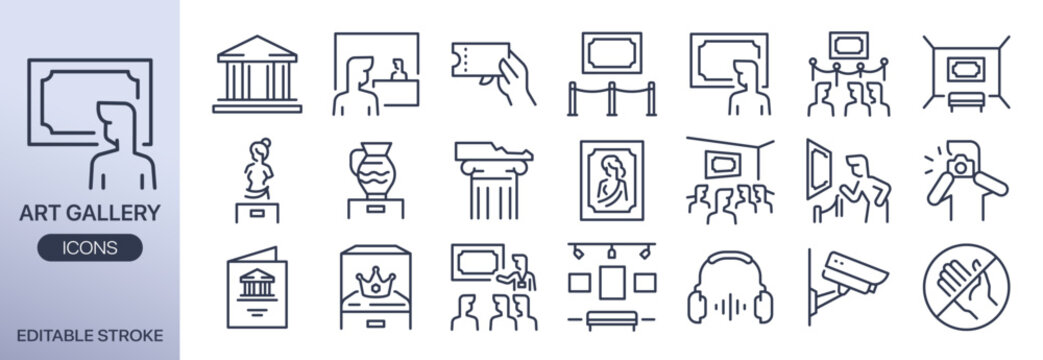 Art gallery, art museum line icons set. fine art, exhibition, gallery, cultural center, and more icons. Editable Vector Stroke