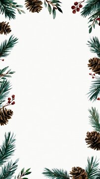 Festive Christmas border with pine cones and evergreen branches