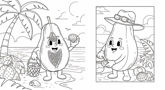 Cute cartoon papaya characters beach coloring page for children educational activity sheet