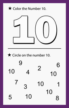 Educational number ten coloring activity page and counting math worksheet for preschool kids