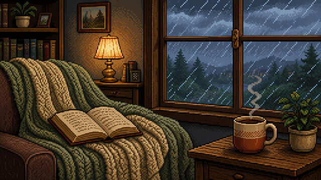 Cozy 16-Bit Pixel Art Reading Nook by Rainy Window with Warm Lamp and Open Book