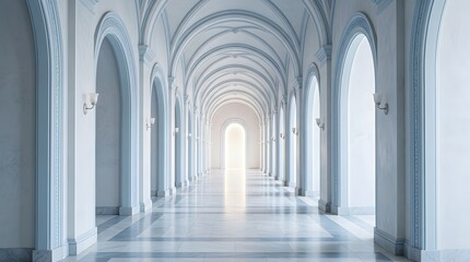 Obraz premium A long bright corridor with white marble columns and a glowing light