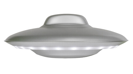 Silver metallic flying saucer with dome cockpit, isolated on transparent background © studiox
