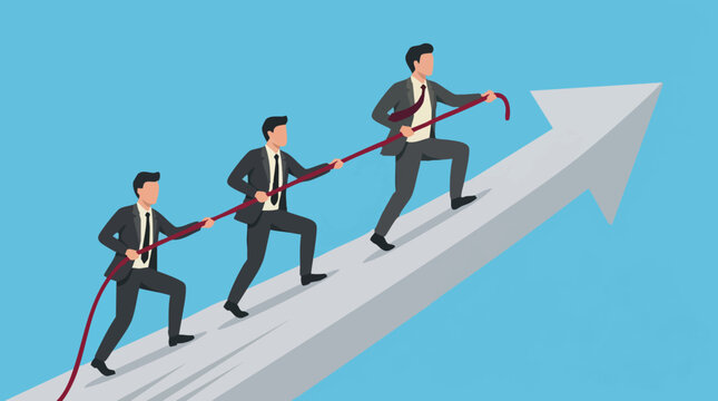 Business team pulling rope up a rising arrow, symbolizing progress
