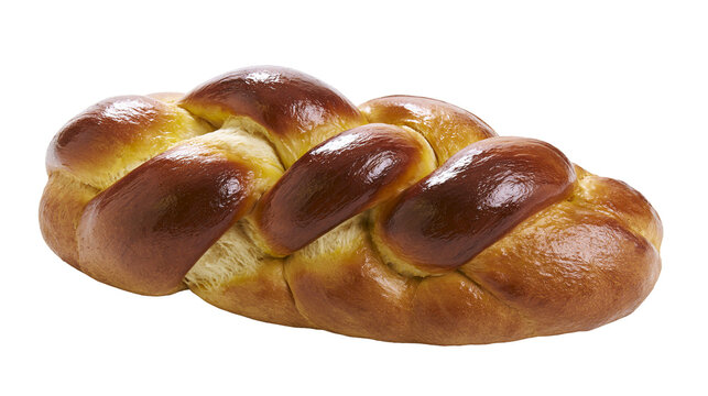 Golden brown braided challah bread fresh baked and glossy, isolated on transparent background