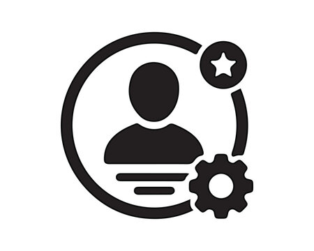 Profile settings icon displays a human silhouette paired with a star and a mechanical cog to signify user customization and account control.