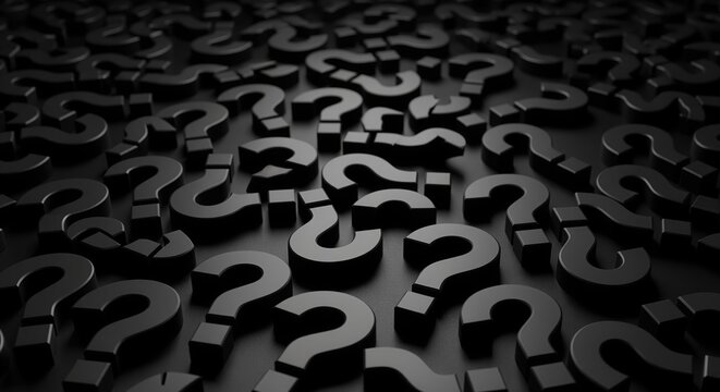 A 3D field of black and gray question marks creating depth through shadows and perspective. Perfect for topics like uncertainty, confusion, curiosity, problem-solving, and FAQ sections.