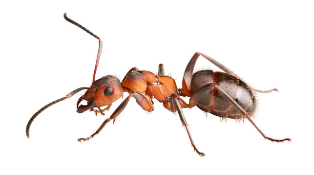 Detailed macro view of a single red ant with segmented body, isolated on transparent background