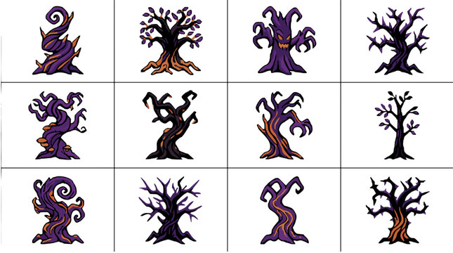 Collection of whimsical spooky trees with twisted branches and dark purple hues for halloween